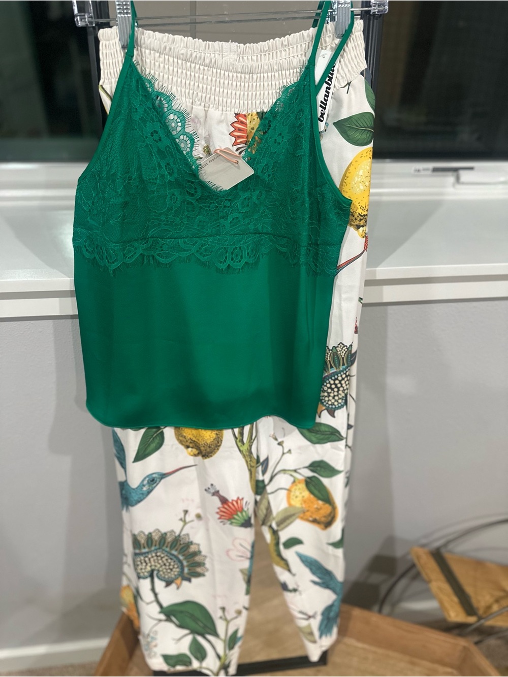 Green Lace-Trim Camisole and Printed pants